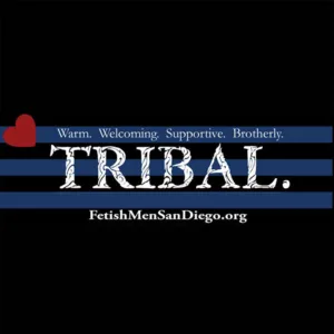Fetish Men San Diego logo with white letters, blue stripes and a black background
