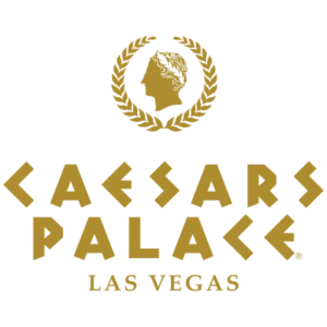 Caesars Palace logo with gold letters on a white background for Caesars Las Vegas