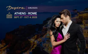 Desire Athens Rome Cruise logo with romantic couple in Greece